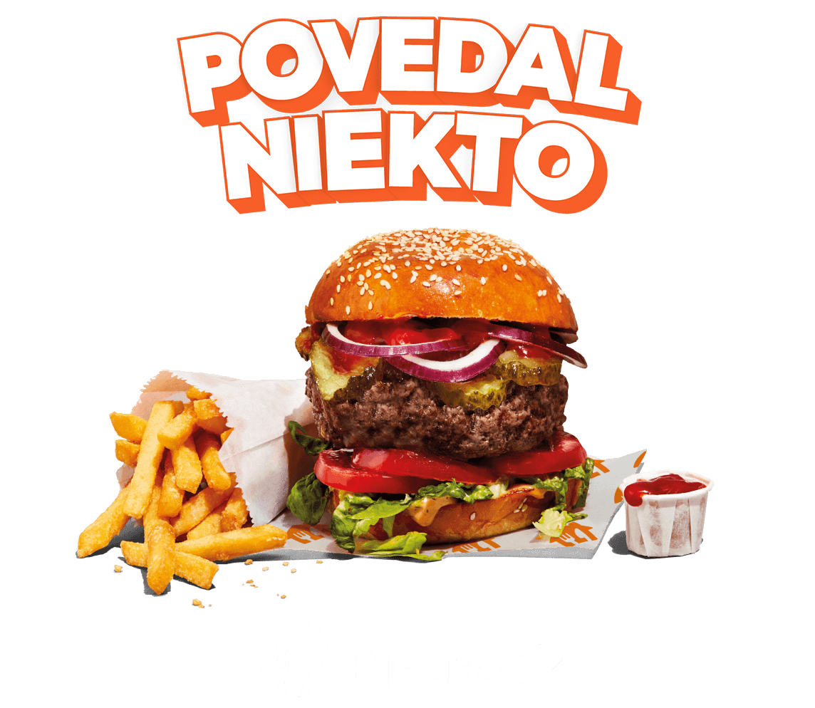 Graphic of POVEDAL NIEKTO above a burger with fries and ketchup on orange background with a Bistro.sk logo below