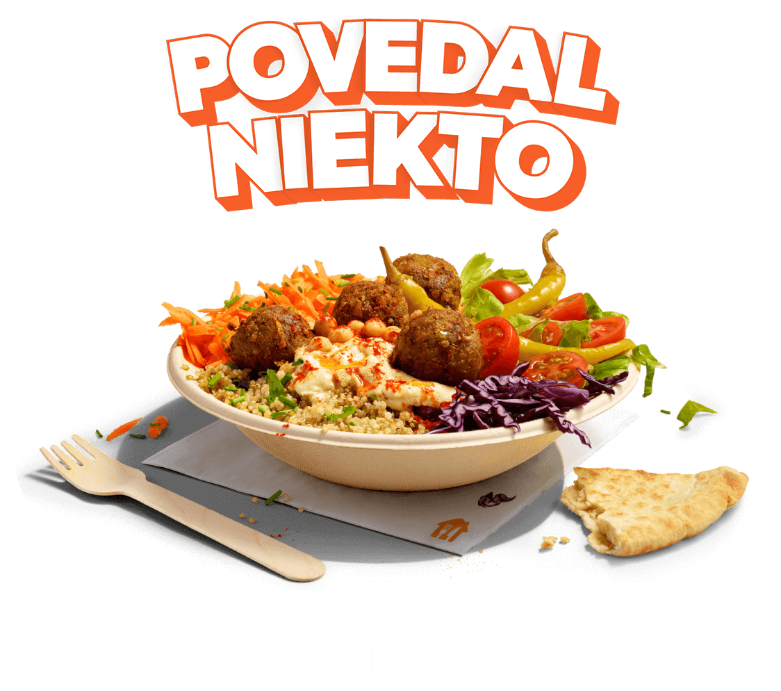 Graphic of POVEDAL NIEKTO above a bowl of falafel and vegetables on orange background with a Bistro.sk logo below