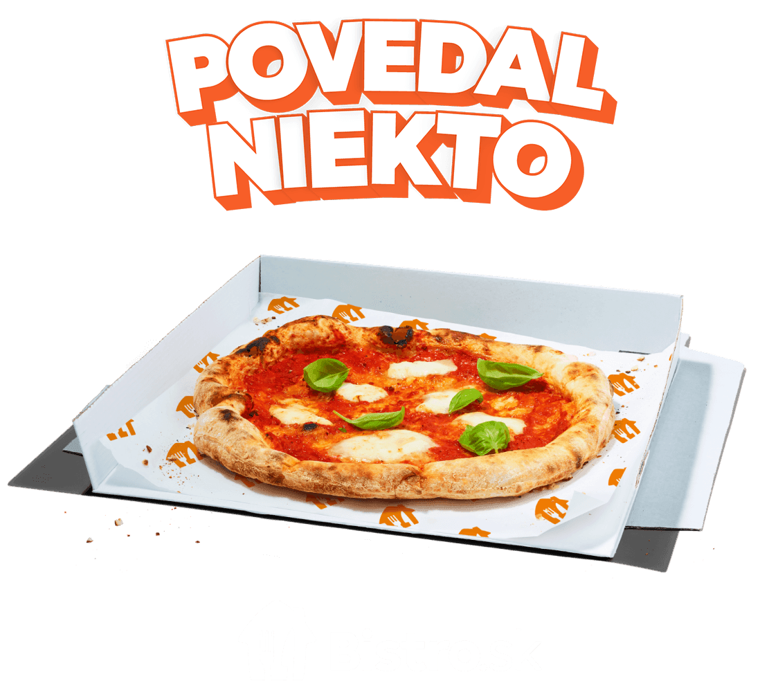 Graphic of POVEDAL NIEKTO above a pizza on orange background with a Bistro.sk logo below